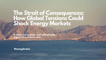 "The Strait of Consequences: How Global Tensions Could Shock Energy Markets — title text over aerial photo of the Strait of Hormuz"